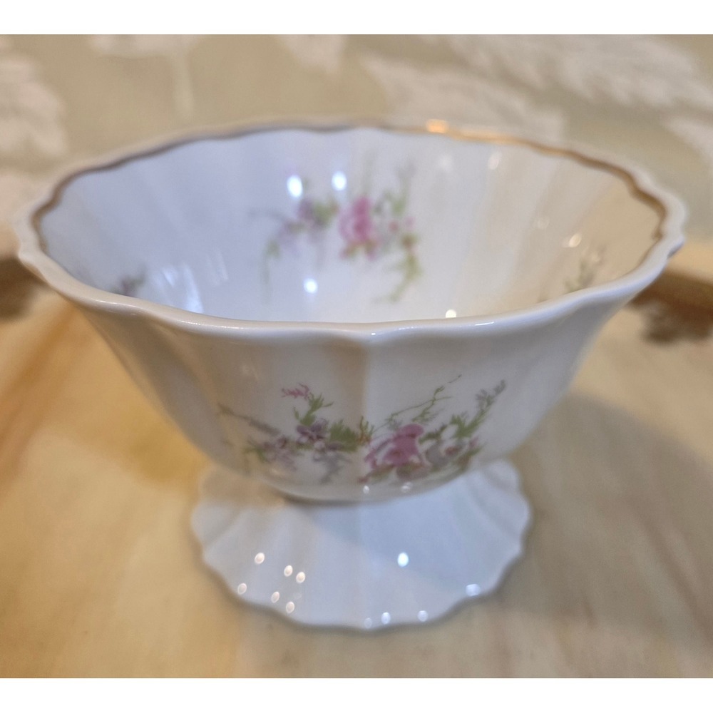 Haviland Limoges France Footed Bowl Pink Floral Gold Trim Scalloped Porcelain 3"